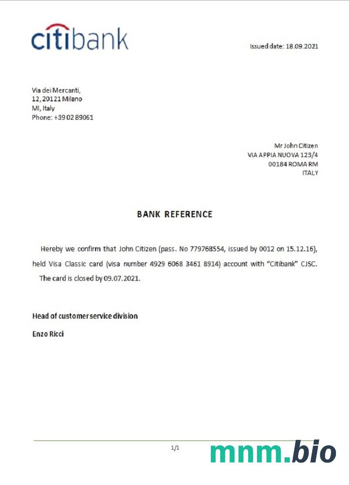 Przykład zamknięcia Citibank we Włoszech w formatach Word i PDF